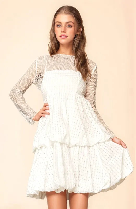 Davi & Dani Checker Print Side Pockets Textured Mini Dress White