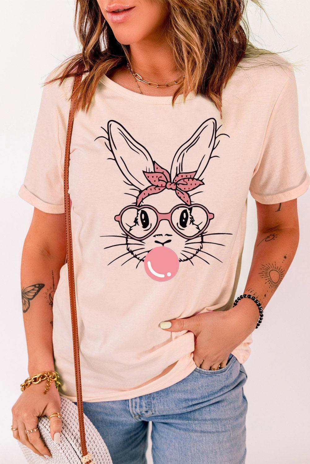 Rabbit Graphic Round Neck Short Sleeve T-Shirt Blush Pink