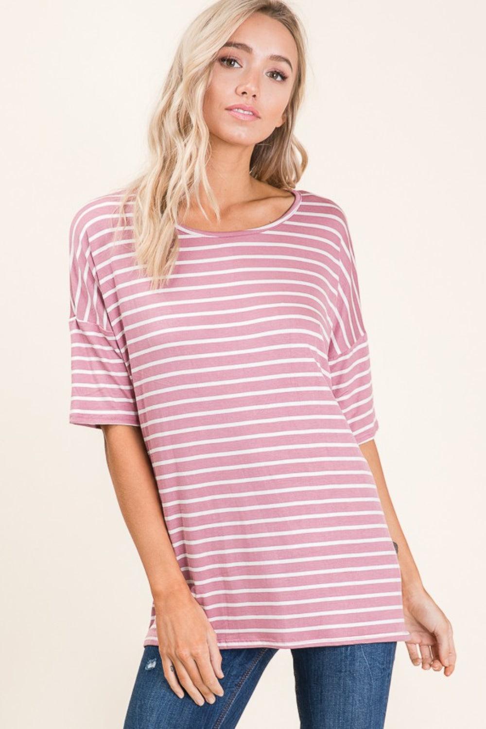 BOMBOM Striped Round Neck Half Sleeve T-Shirt Mauve