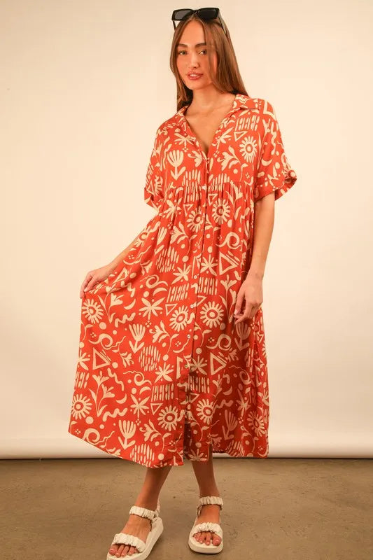 VERY J Oversized Printed Shirt Midi Dress Sunset Mix