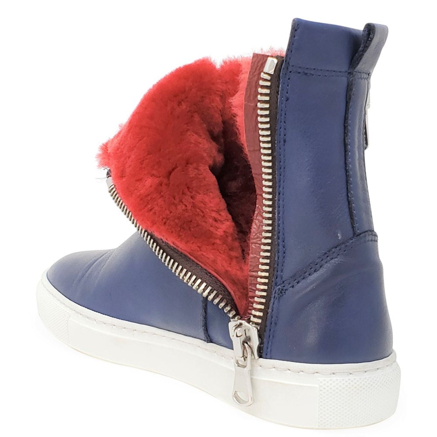 Navy Leather Double Zip Shearling Boot