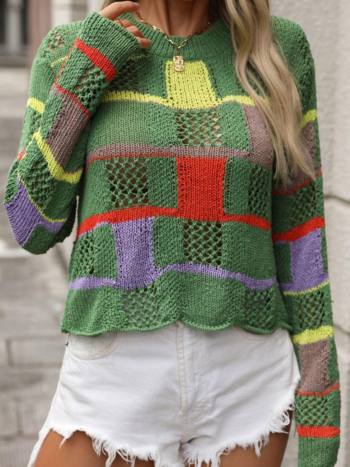 Openwork Color Block Round Neck Sweater Dark Green