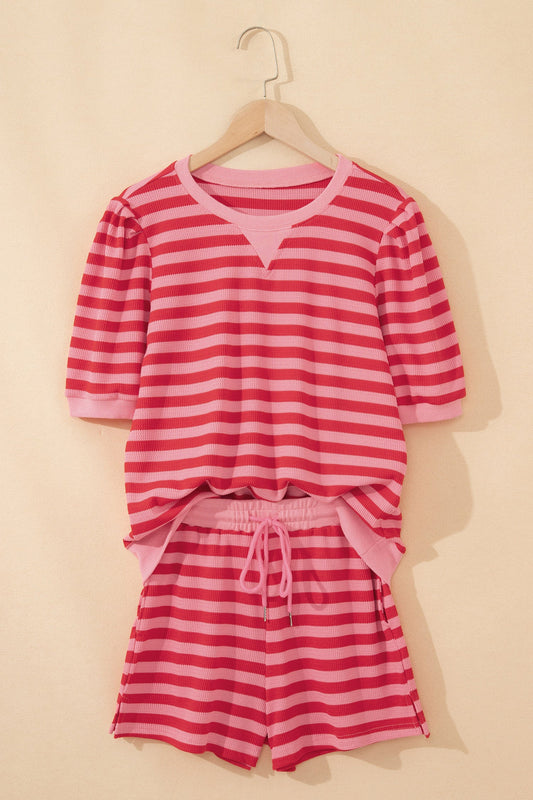 Stripe Puff Sleeve T-Shirt & Drawstring Shorts Set