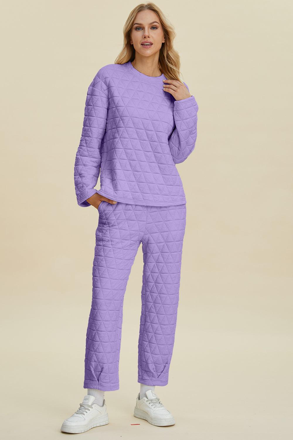 Double Take Full Size Texture Round Neck Long Sleeve Top and Pants Set Lavender