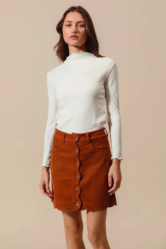 SO ME Scallop Buttoned Front Corduroy Mini Skirt RUST