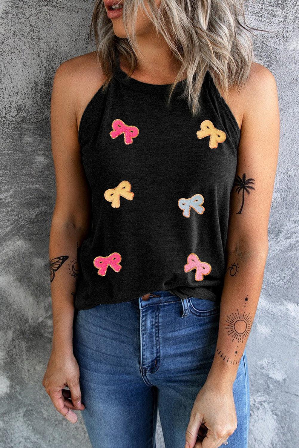 Bow Print Grecian Neck Tank Black