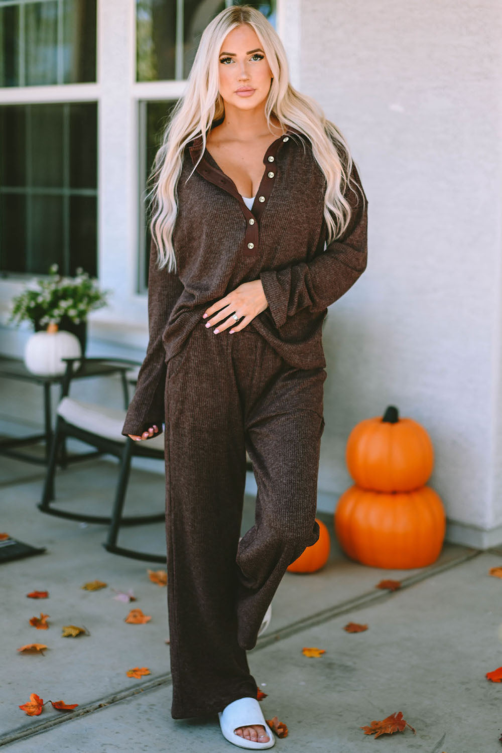 Buttoned Long Sleeve Top and Long Pants Lounge Set Brown