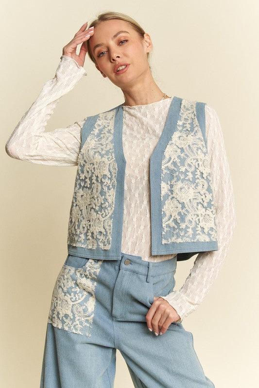 Davi & Dani Lace Patch Open Front Denim Vest Light