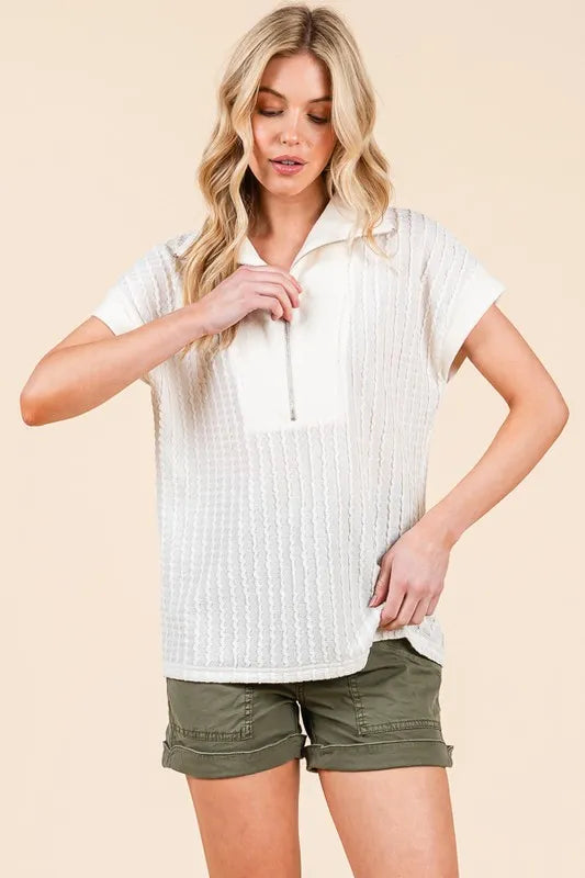 Lime 'N' Chili Textured Half Zip Cap Sleeve Contrast Top