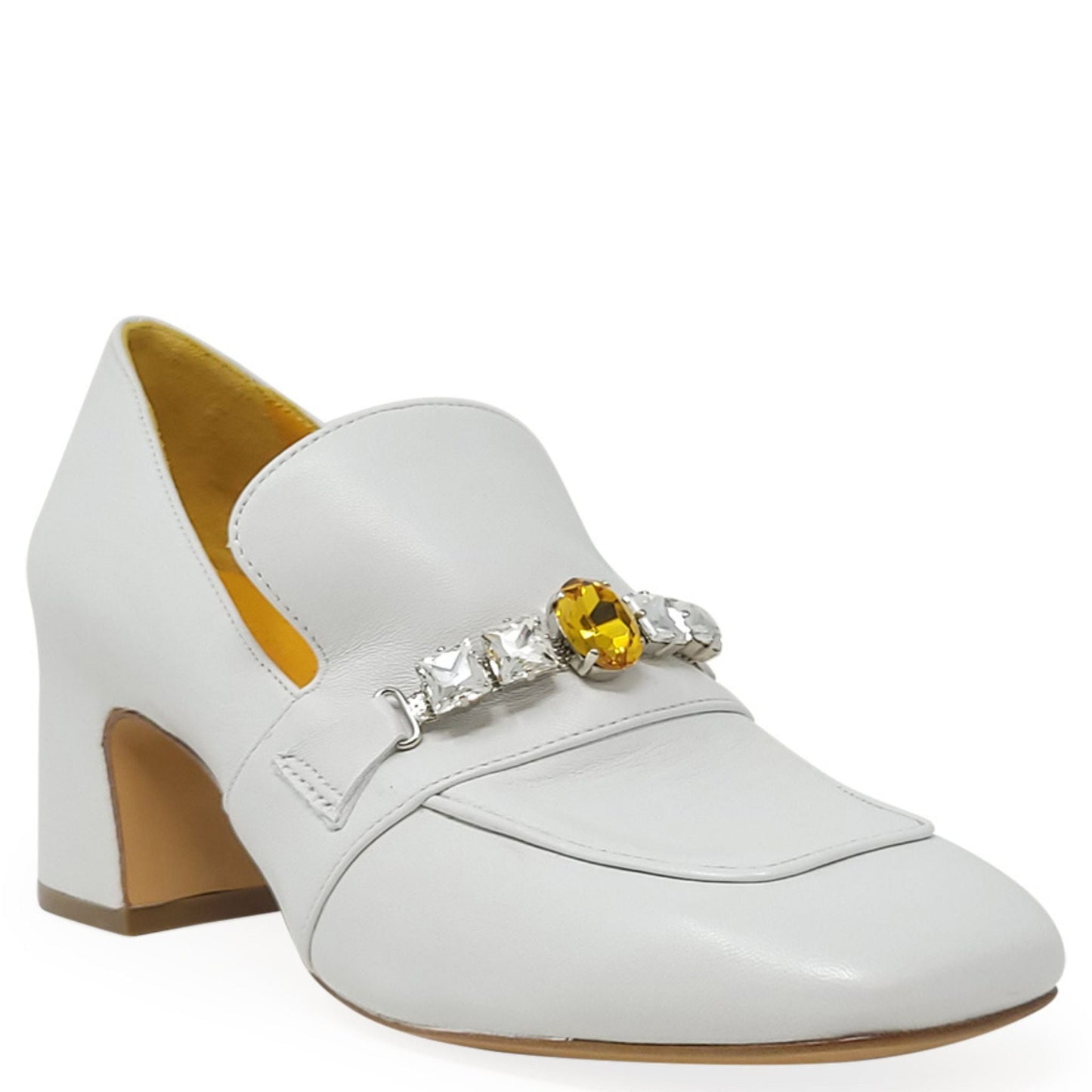 White Leather Mid Heel Jeweled Loafer
