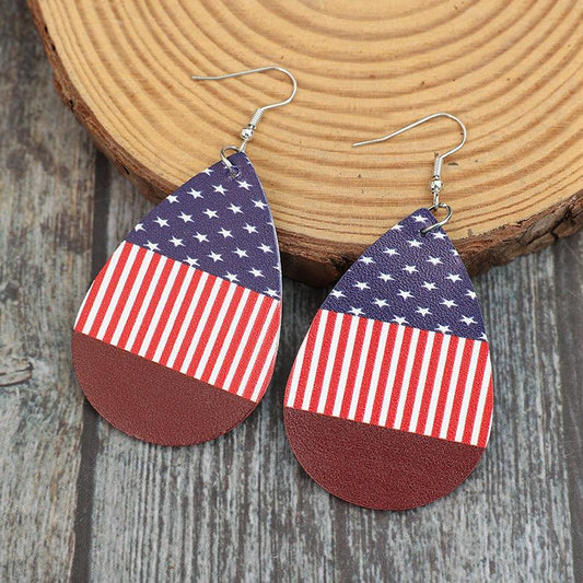 Stars and Stripes PU Leather Teardrop Earrings Deep Red One Size