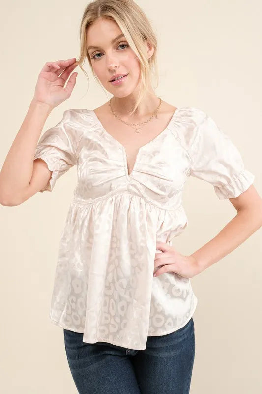 And The Why Satin Leopard V Wired Puff Sleeves Blouse IVORY