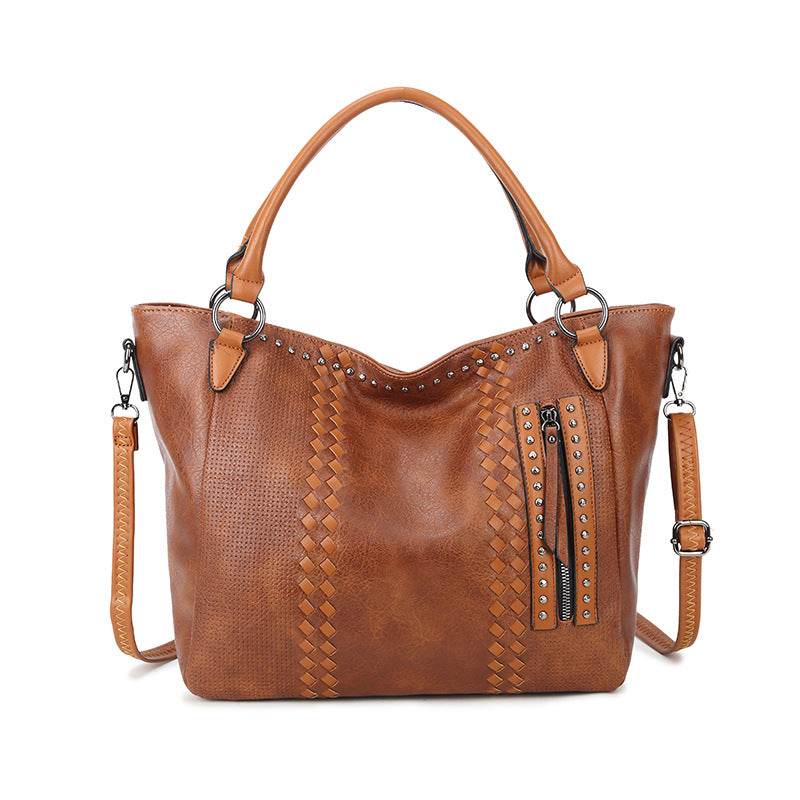 Ladies Trend One Shoulder Crossbody Tote Bag - PU Large Rivet Horizontal Square Bag