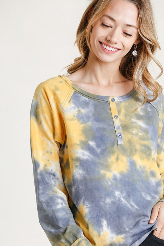 Umgee Full Size Tie Dye Button Front Long Raglan Sleeve Top Plus Size YELLOW MIX