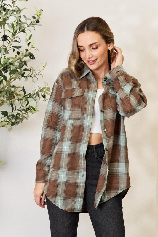 Mandy Plaid Dropped Shoulder Shirt Olive Brown