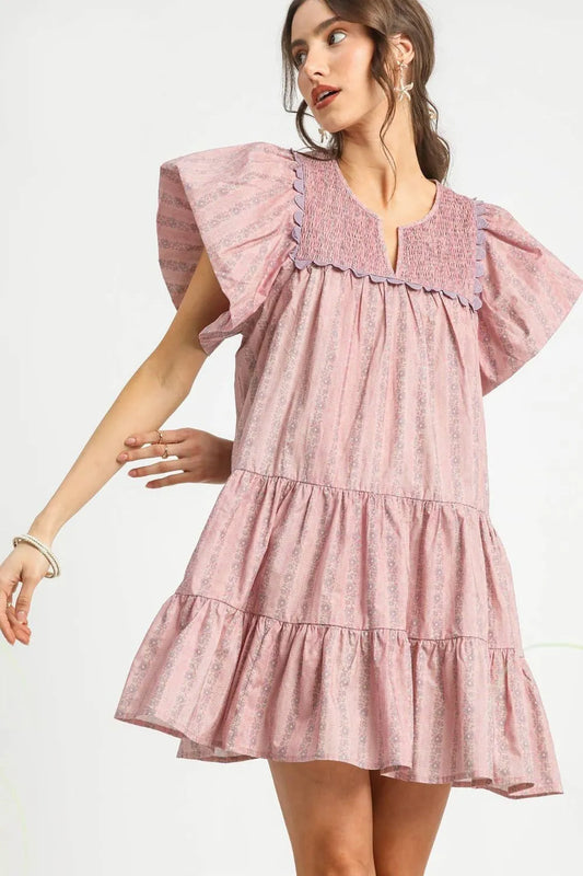 Umgee Floral Ruffled Cap Sleeve Tiered Mini Dress Dusty Pink