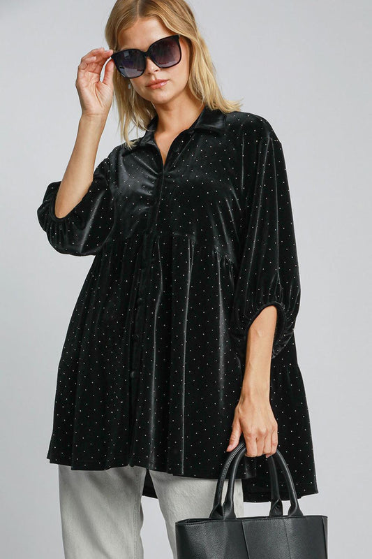 Umgee Full Size Polka Dot Button Up Half Sleeve Shirt Black