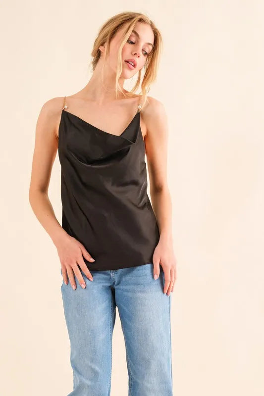 And The Why Faux Pearl Gold Chain Satin Casual Cami Top BLACK