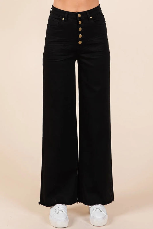 Mittoshop Twill High Waisted Button Fly Wide Leg Pants BLACK
