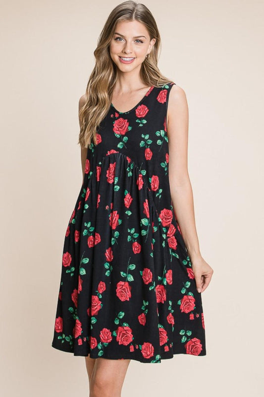 BOMBOM Floral Ruched Tank Dress Black