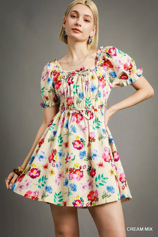 Umgee Floral Print Puff Sleeve Mini Dress Cream