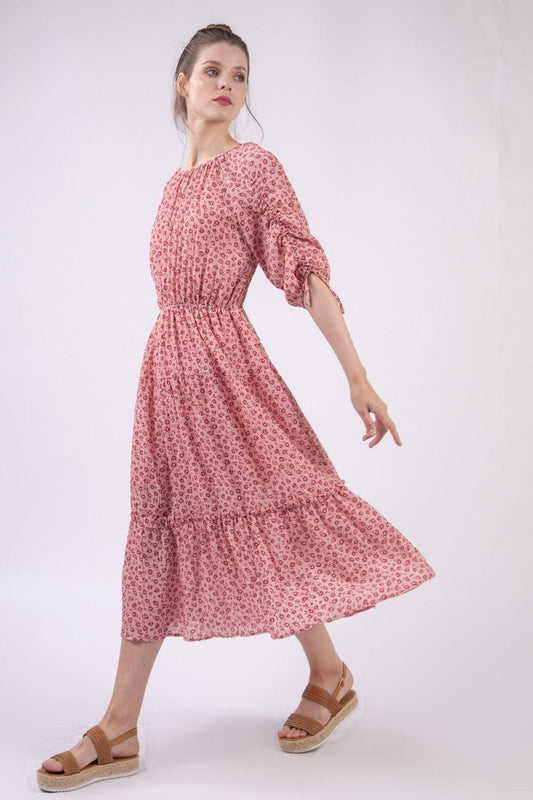 VERY J Floral Round Neck Tiered Midi Dress Blush