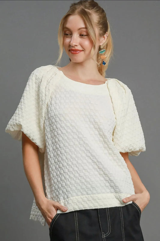 Umgee Full Size Boxy Cut Jacquard Round Neck Top with Side Slit Plus Size Cream