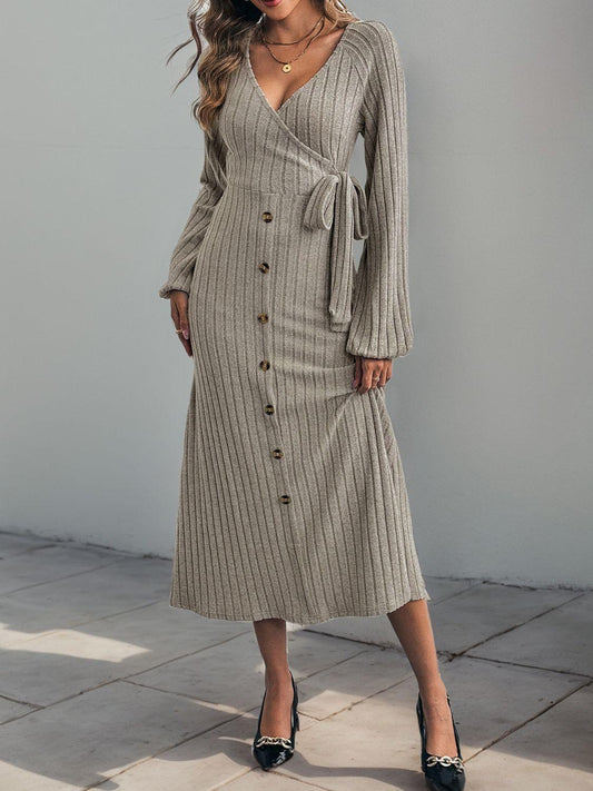 Perfee Ribbed Tied Surplice Long Sleeve Dress Gray