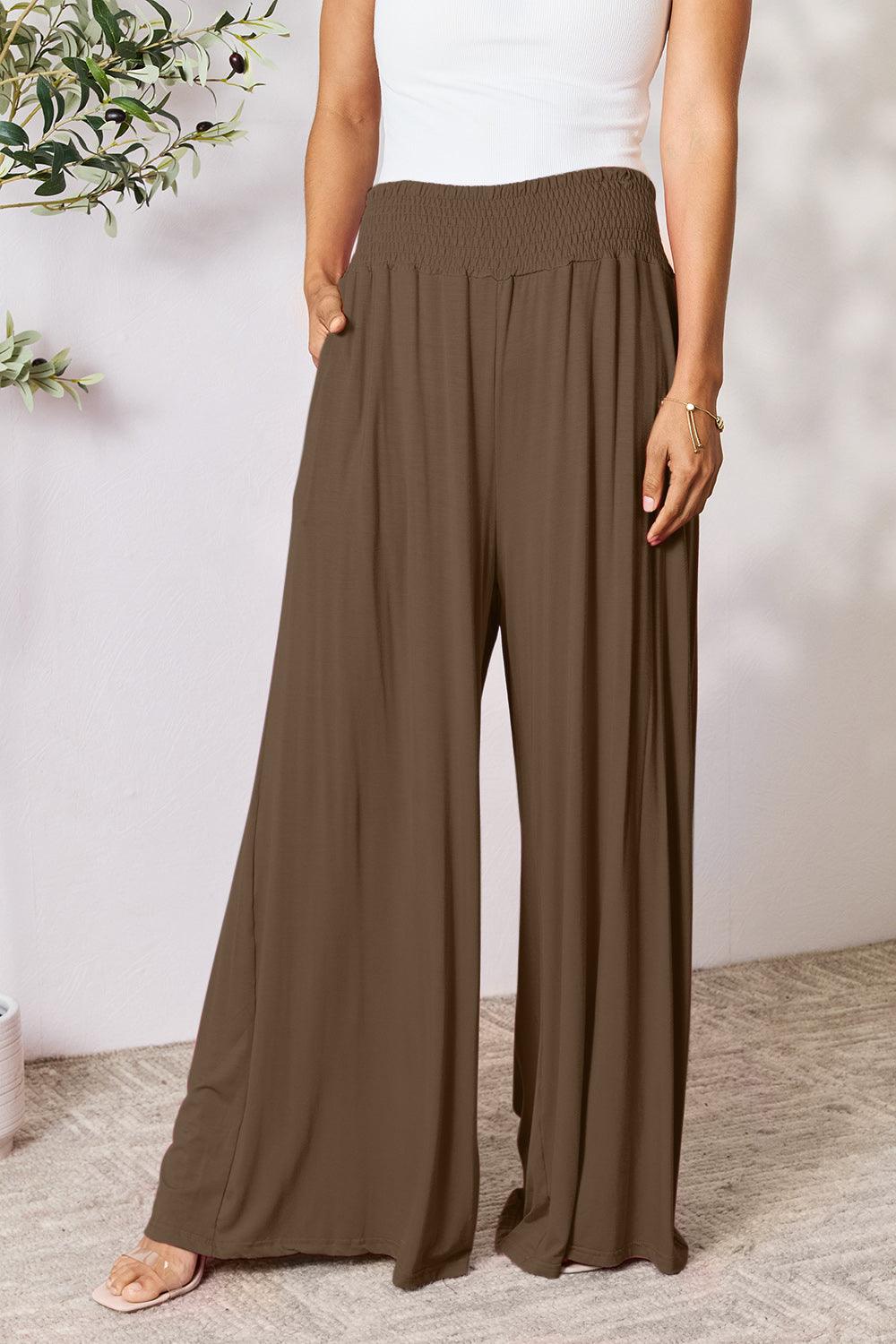 Double Take Full Size Smocked Wide Waistband Wide Leg Pants Mocha