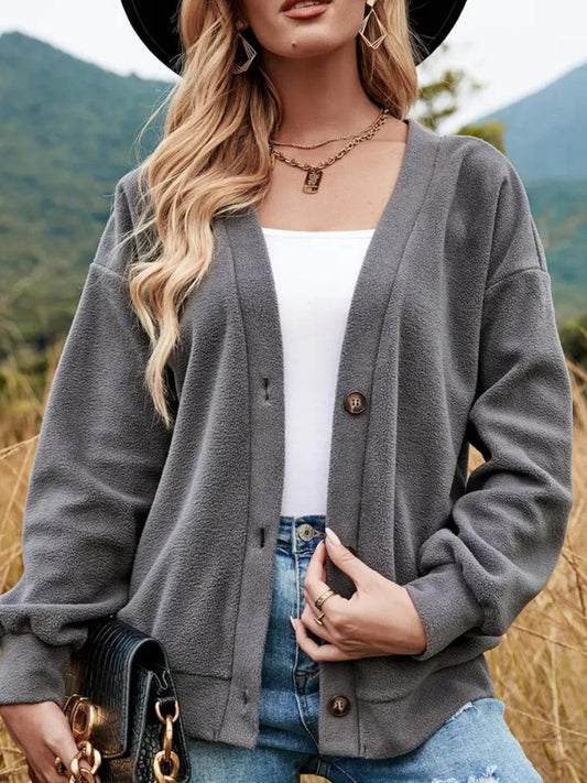 Shiny Button Down V-Neck Dropped Shoulder Jacket Dark Gray
