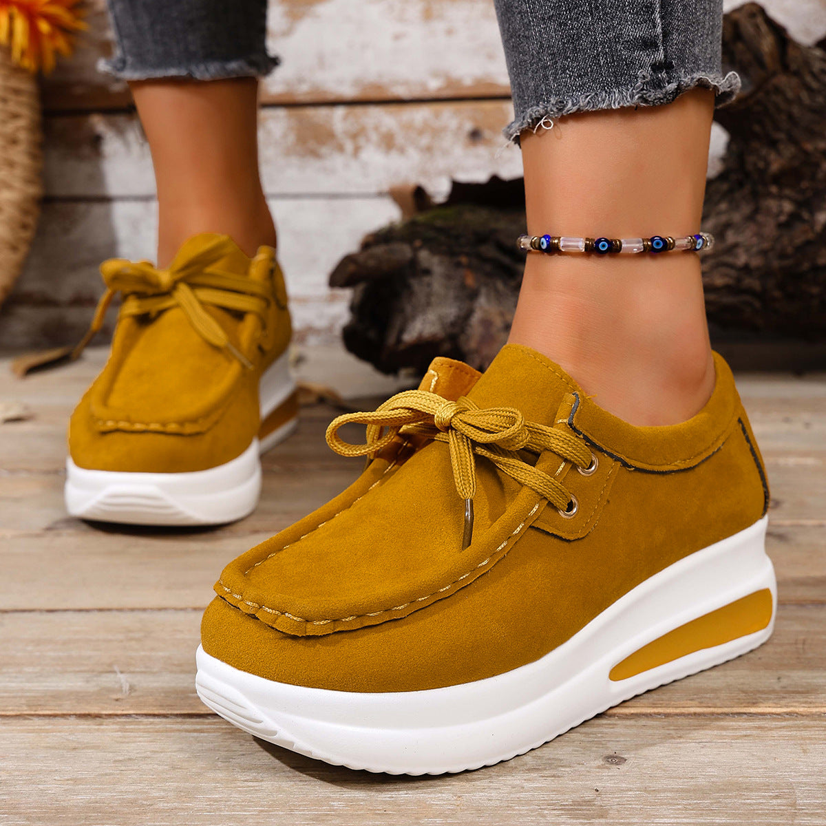 Women's Platform Loafers - Lace-Up Wedge Heel Casual Shoes