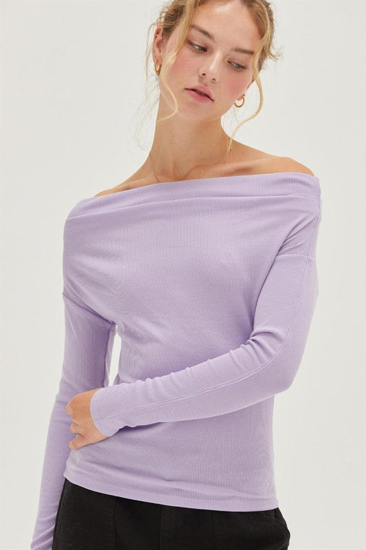 HYFVE Off Shoulder Ribbed Knit Top Taro