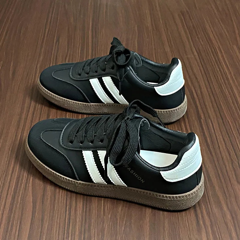 Side Striped Lace Up Round Toe Sneakers Black