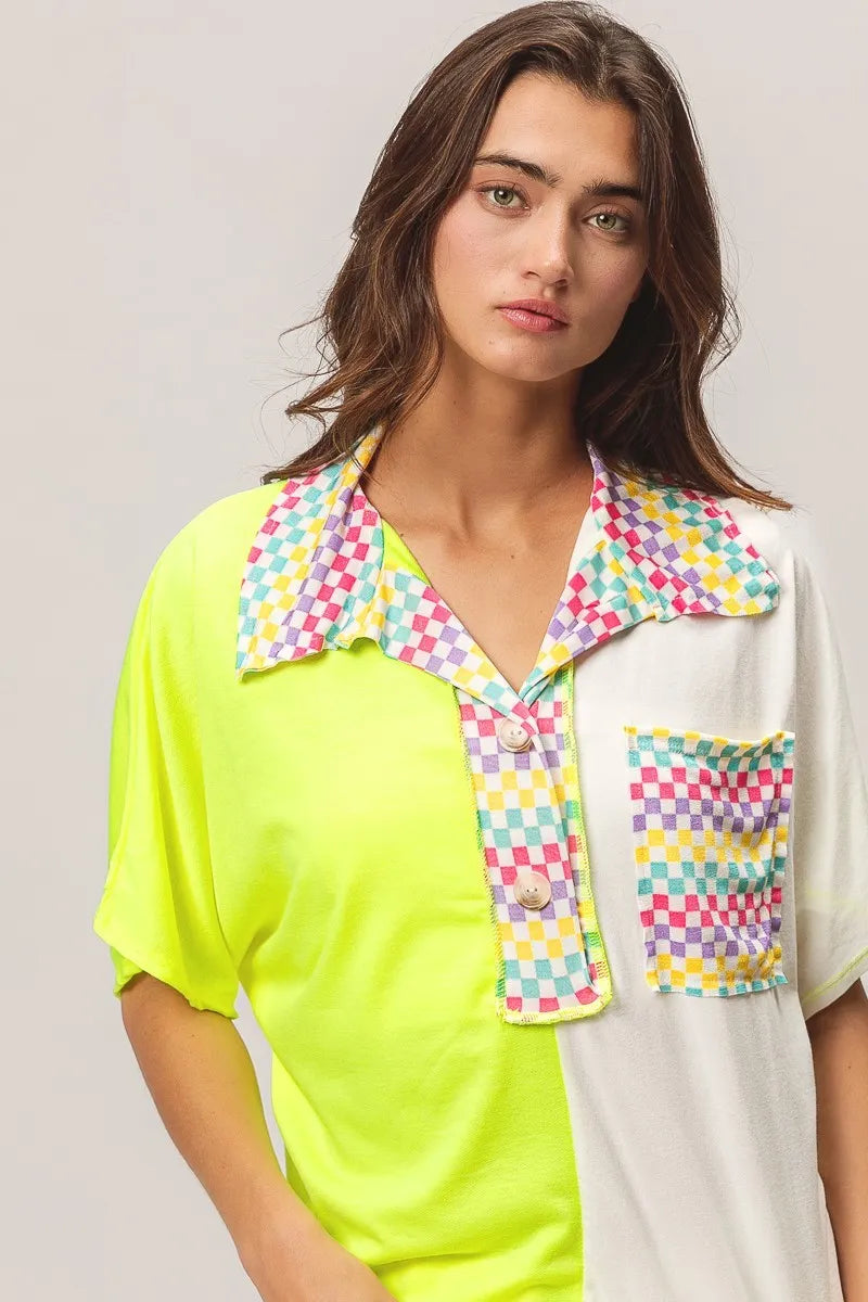 BiBi Color Block Knit with Multi Checker Contrast Top