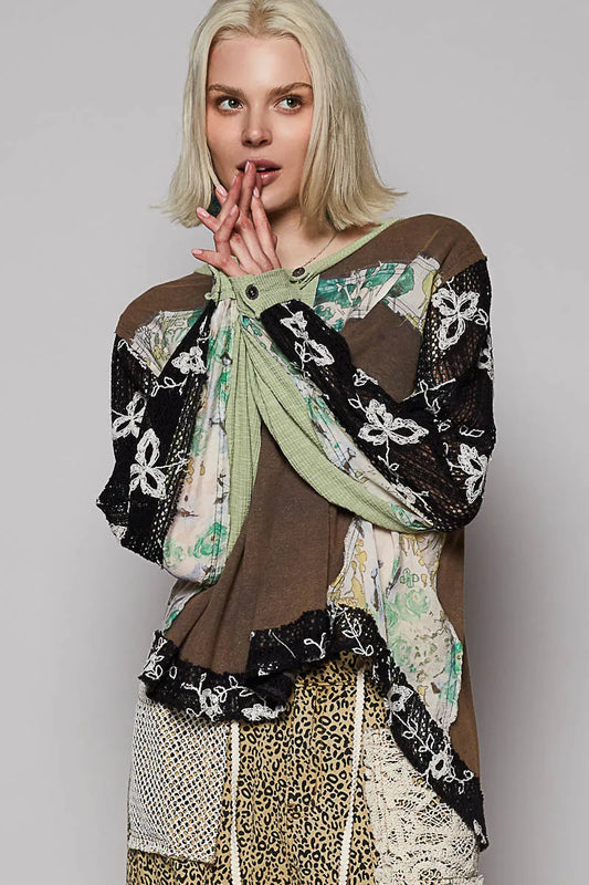 POL Button Detail Floral Patchwork Crochet Sleeve Blouse CHARCOAL