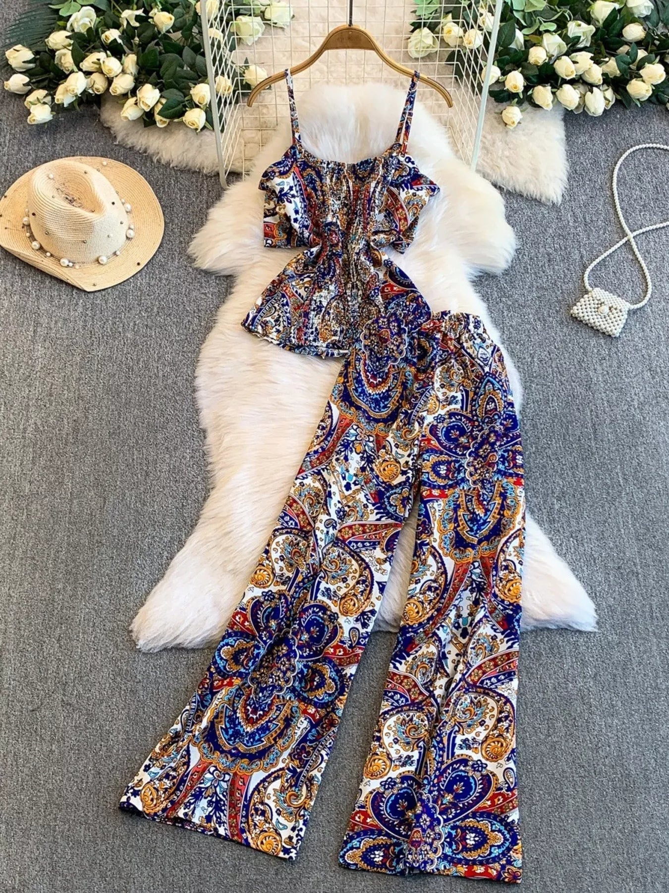 Printed Cami and Wide Leg Pants Set