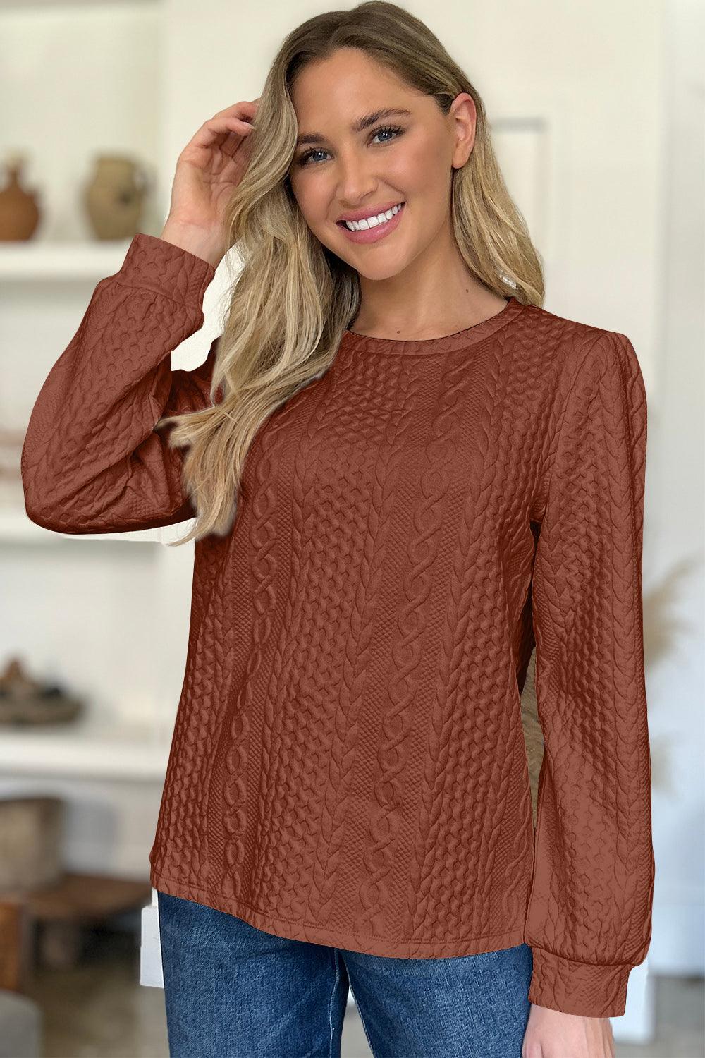 Textured Round Neck Long Sleeve Sweatshirt Brown