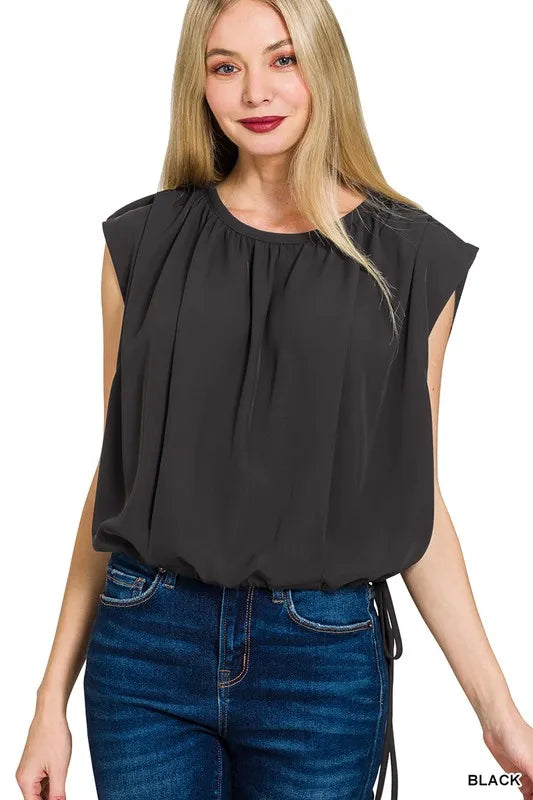 Zenana Woven Drawstring Tie Side Sleeveless Top BLACK