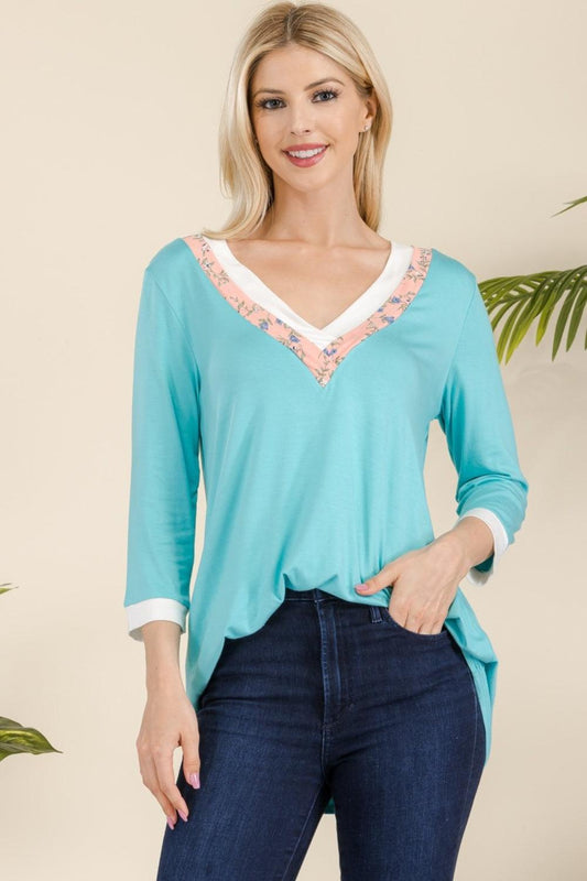 Celeste Full Size V-Neck Contrast T-Shirt Mint Mint Floral