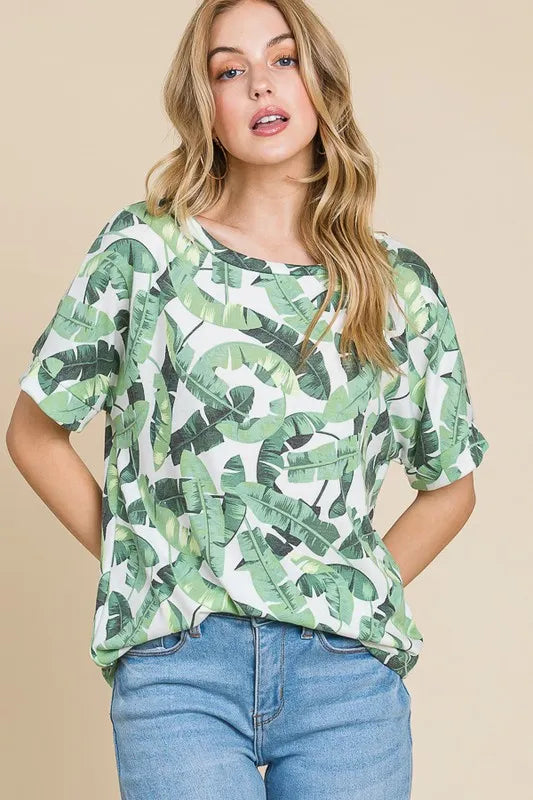 BOMBOM Lightweight Printed Round Neck Short Sleeve T-Shirt Light Green