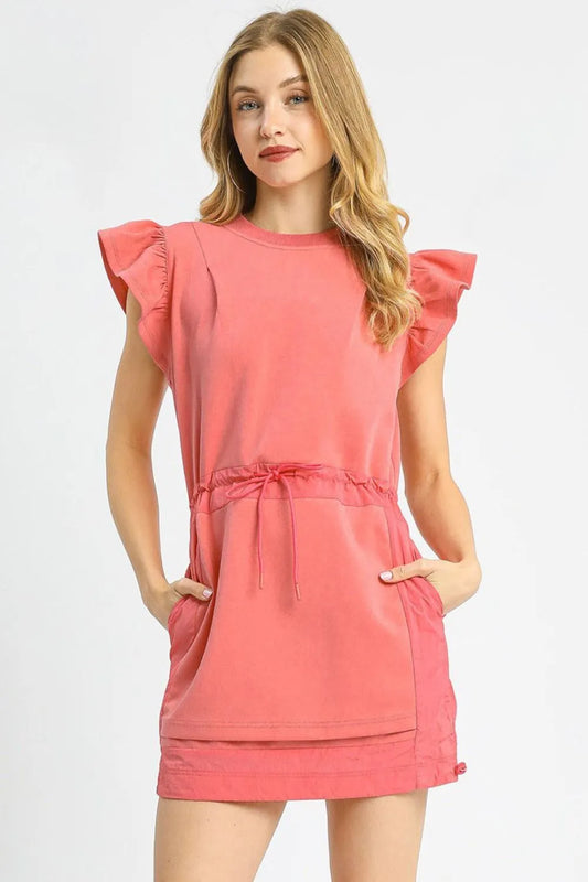Umgee Luxe knit Ruffle Sleeve Drawstring Mini Dress Strawberry