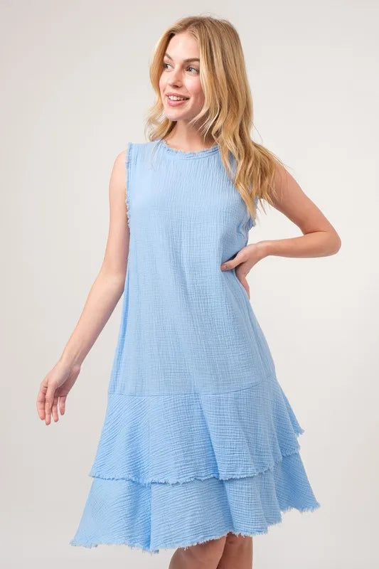 And The Why Washed Fringe Detail Tiered Dress Baby Blue