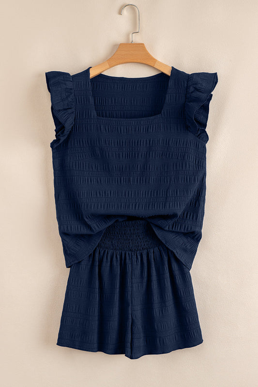 Textured Square Neck Top & High Waist Shorts Set