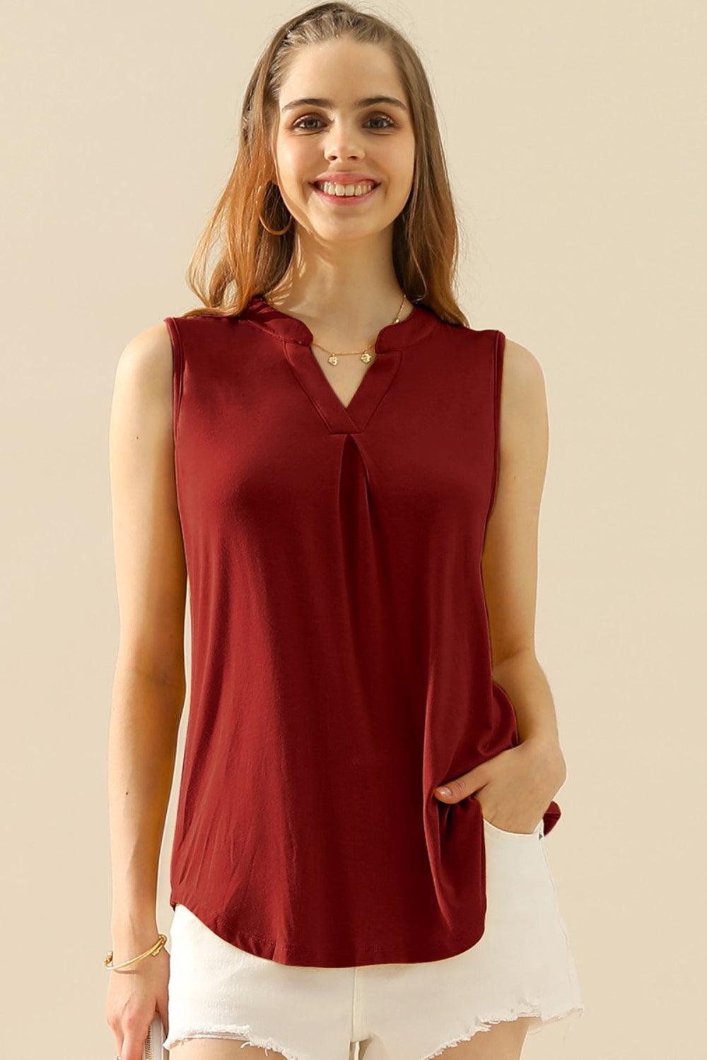 Ninexis Full Size Notched Sleeveless Top BURGUNDY