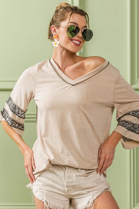BiBi Triblend Knit Top with Leopard Band Detail