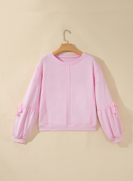 Solid Lace Trim Raw Seam Loose Sweatshirt