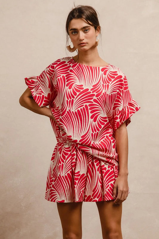 BiBi Print Woven Ruffled Sleeves Top FUCHSIA