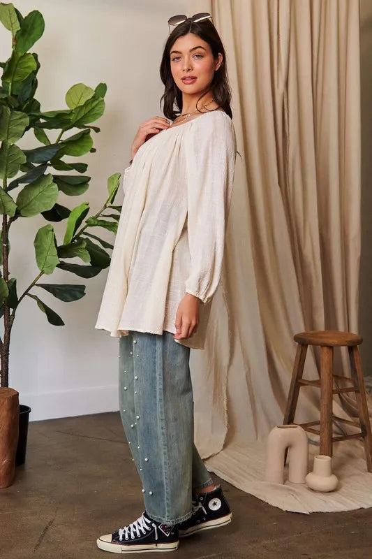 Davi & Dani Crinckled Texture Fabric Round Neck Swing Top