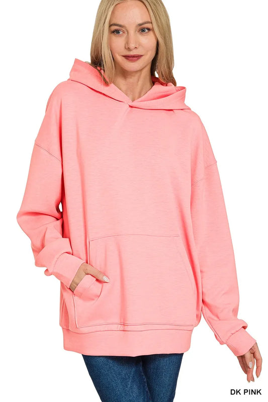 Zenana Oversized Scuba Hoodie with Kangaroo Pocket DK PINK