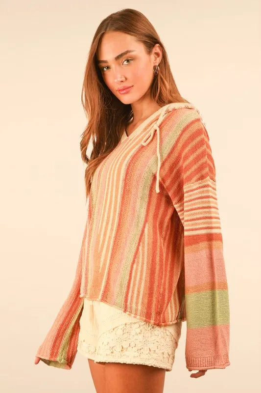VERY J Multi Color Stripe Long Sleeve Knit Hoodie